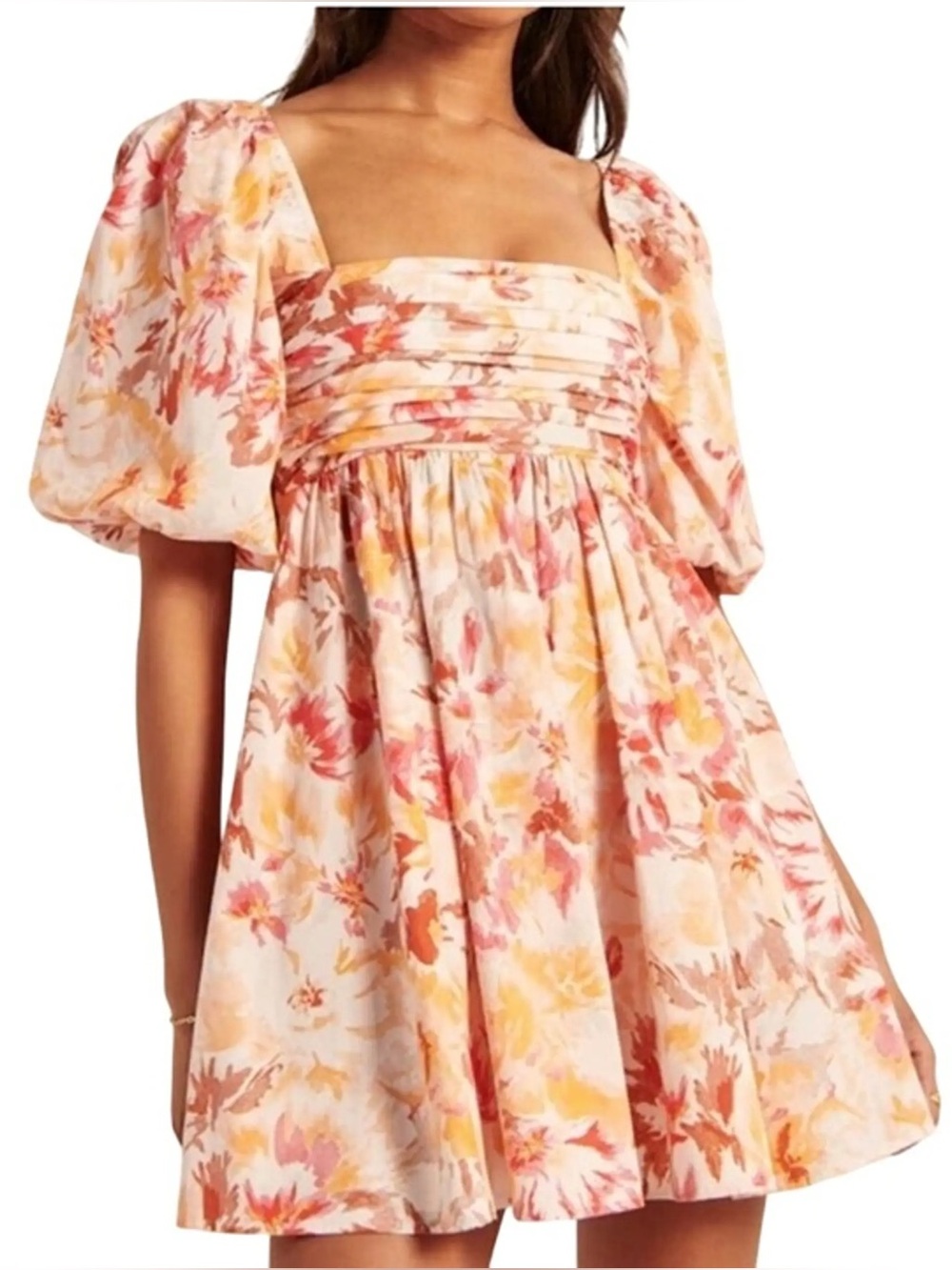 Abercrombie & Fitch Peach Floral Emerson Poplin Puff Sleeve Mini Dress S Tall